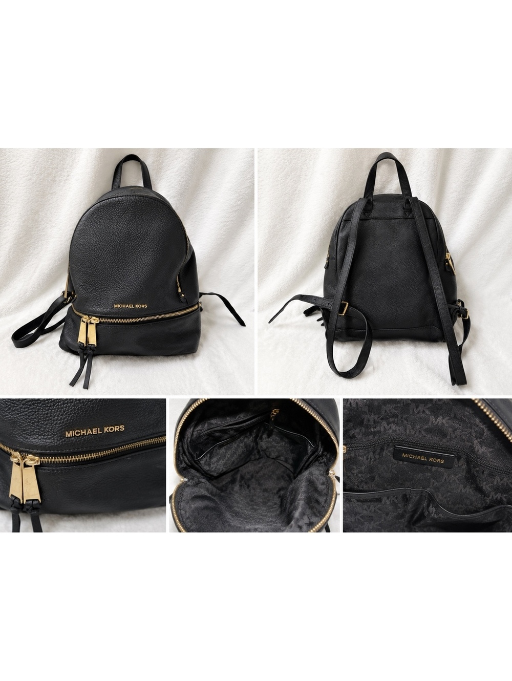 Michael Kors Rhea Black Pebbled Leather Backpack Gold